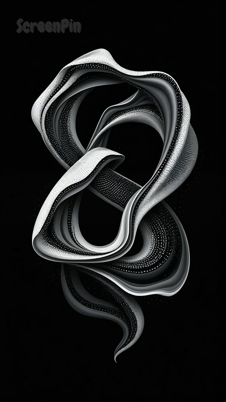 Black and white swirling fluid abstraction on a black background, minimalist and dynamic digital art