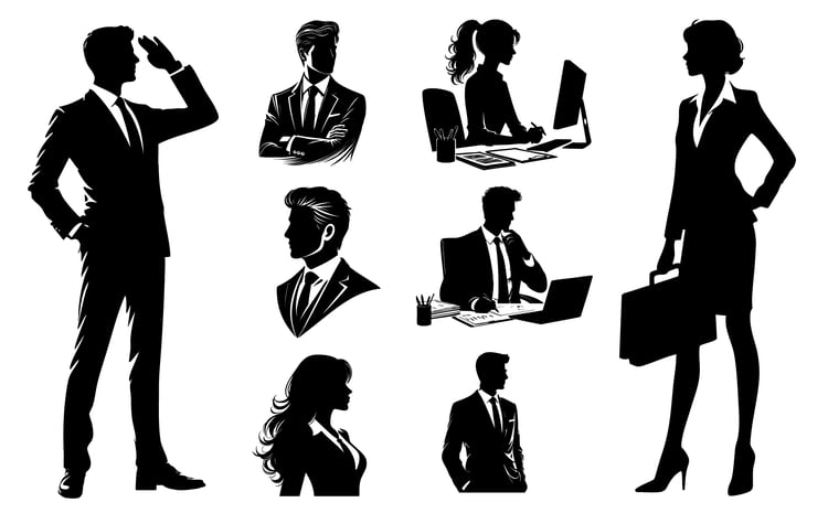A professional set of 8 AI-generated silhouette illustrations depicting office executives in various poses and work-related activities.