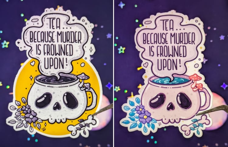 Stickers of a skull-shaped mug of tea with the phrase Tea… because murder is frowned upon, in comic-style speech bubbles and some flowers. Left version is black and white with a yellow background while right is full color.