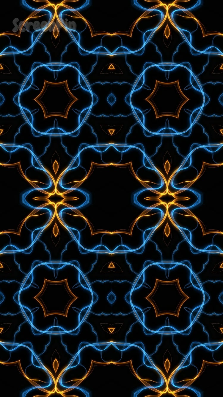 Seamless geometric ornament in azure and gold on a black background, elegant digital pattern