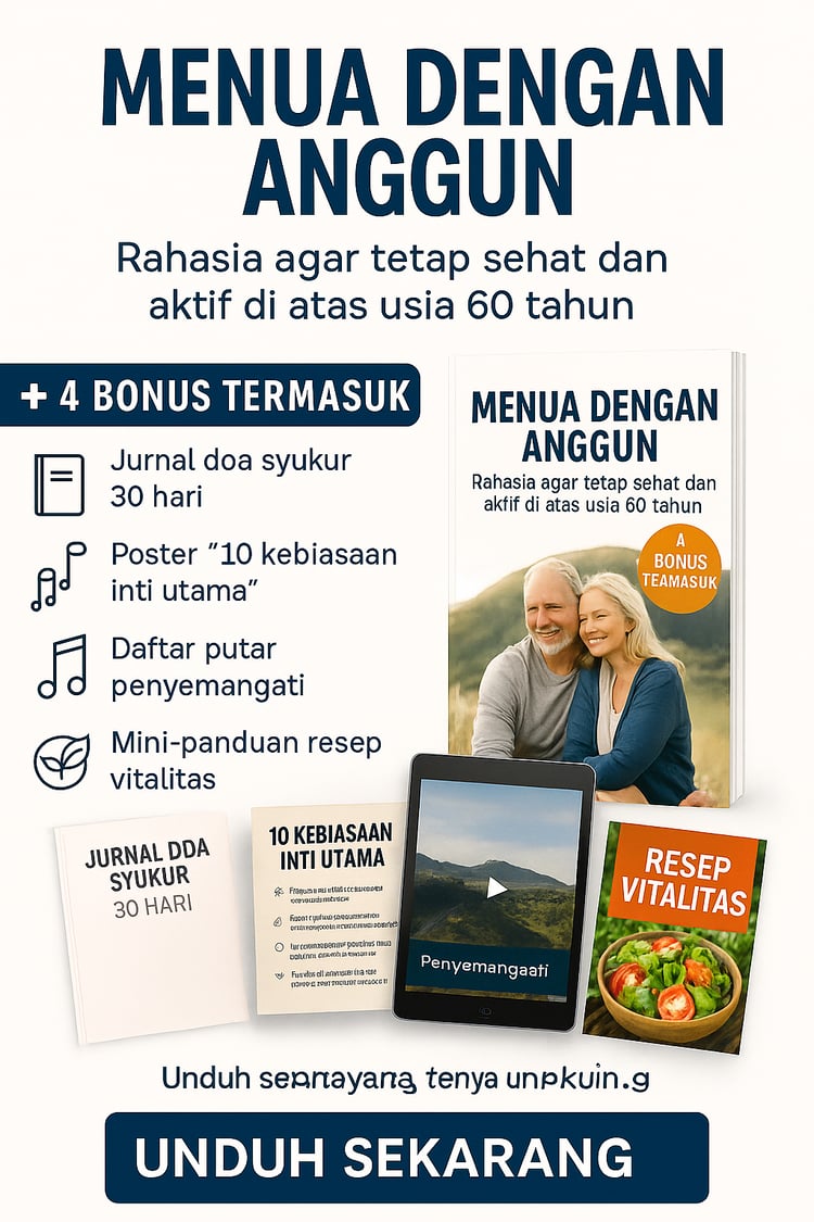 Panduan praktis untuk lansia 60+: makan seimbang, latihan ringan aman, tidur nyenyak, dan ketenangan pikiran—dilengkapi jurnal syukur 30 hari & resep vitalitas. Mulai langkah kecil hari ini.