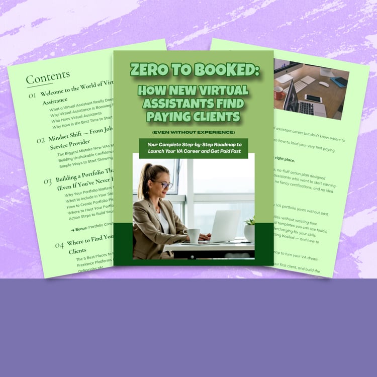 Screenshot of Zero to Booked ebook interior page with step-by-step guide for new Virtual Assistants on finding first clients.