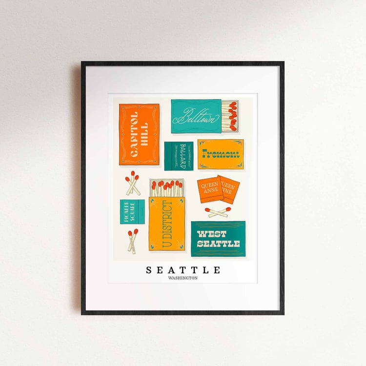 A framed picture of Seattle, Washington neighborhoods drawn in various lettering styles on matchboxes. Artwork has a orange, blue and yellow color scheme