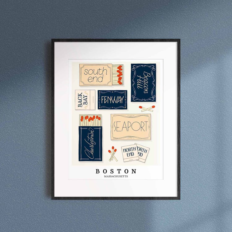 A framed picture of Boston, Massachusetts neighborhoods drawn in various lettering styles on matchboxes. Artwork has a nautical color scheme of blue, beige and light brown.