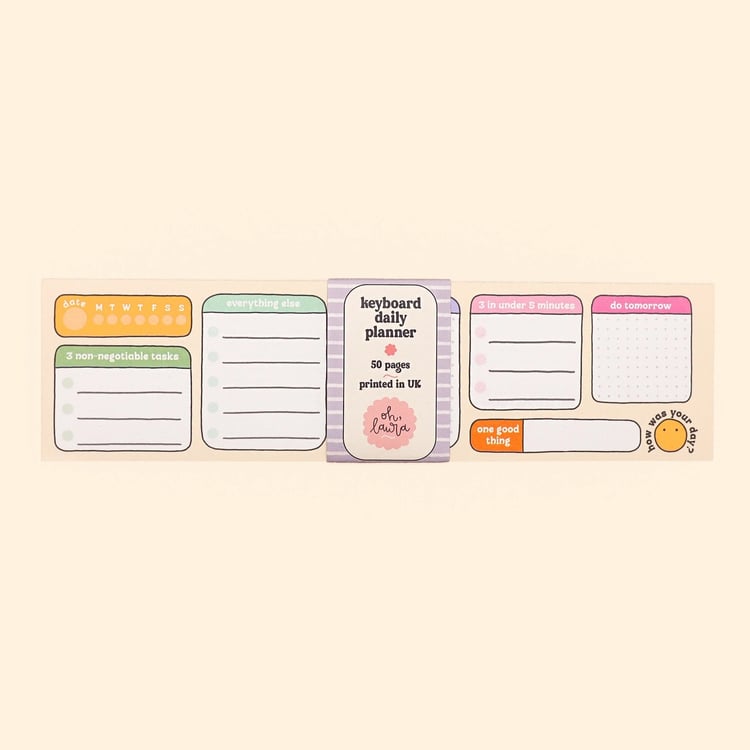“Keyboard daily planner – slim desk notepad designed to sit in front of your keyboard for daily task planning and to-do lists.”
