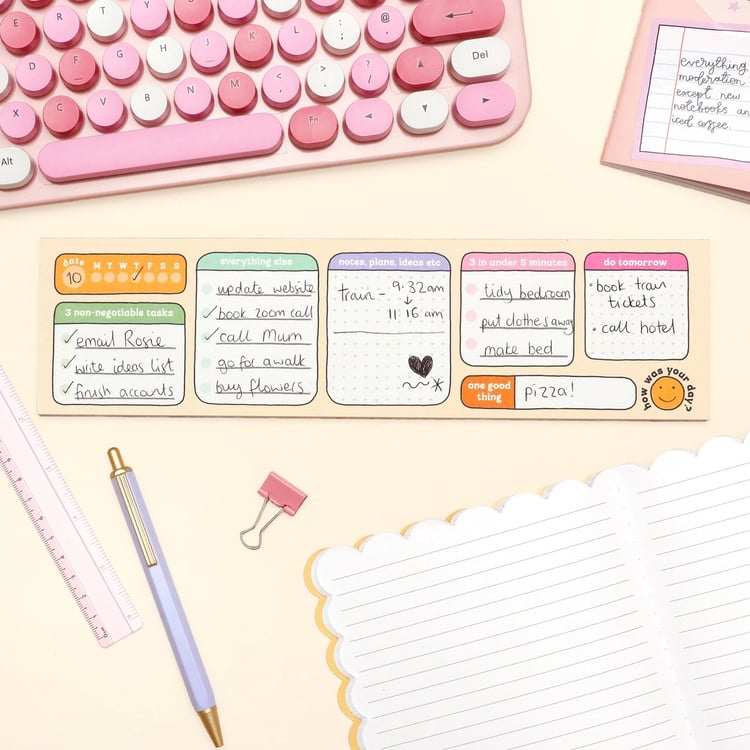 “Keyboard daily planner – slim desk notepad designed to sit in front of your keyboard for daily task planning and to-do lists.”