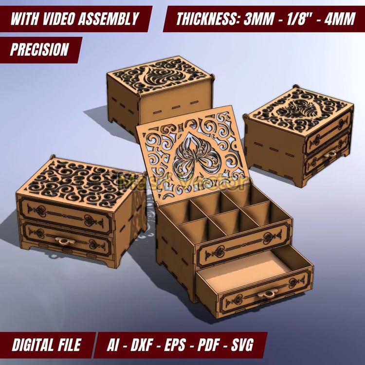 Laser-cut chest of drawers jewelry box featuring intricate heart and floral patterns. Perfect for organizing rings, earrings, or keepsakes. Adds elegance to any vanity or dresser.