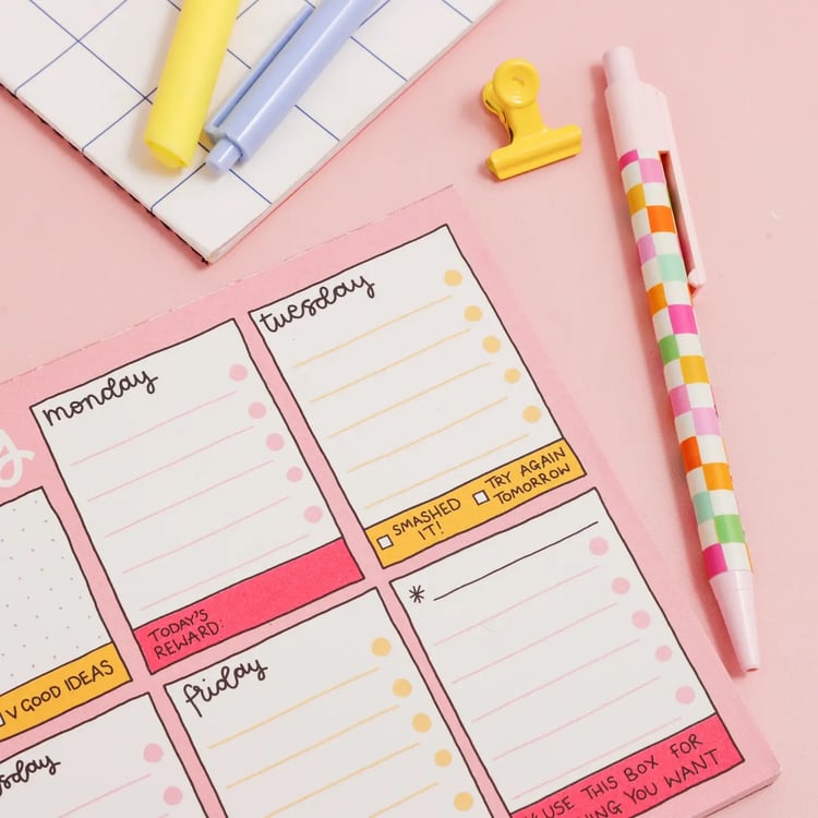 “A5 pastel week planner notepad – weekly layout for organising tasks, appointments and goals.”