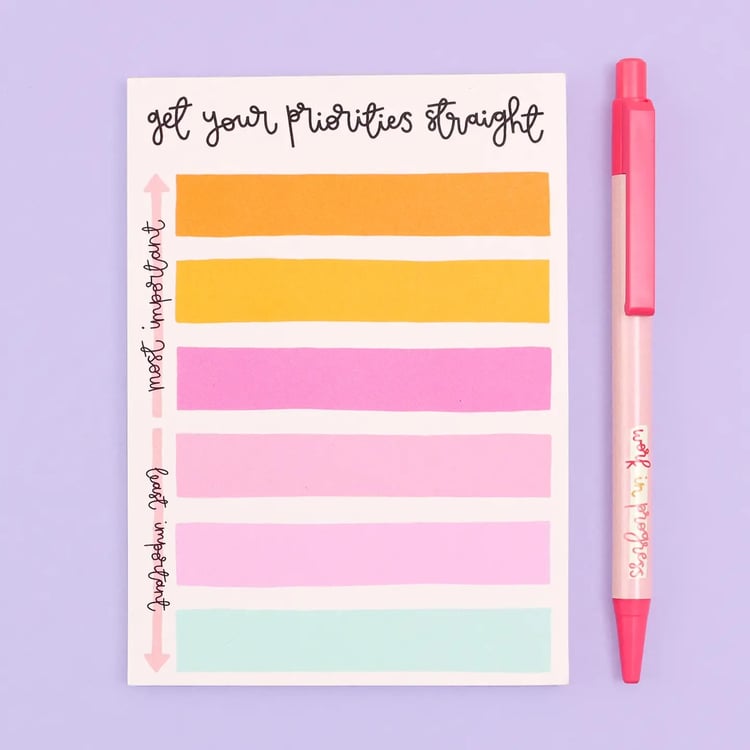 “Get Your Priorities Straight notepad – A6 size productivity pad with priority checklist design for daily tasks and goals.”