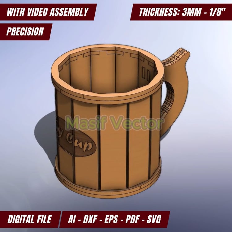 Laser cut file Wooden Cup Model engraved My Cup. Designed with a precise, this aesthetic model is perfect for engraving laser cut enthusiasts. Digital file formats AI, DXF, EPS, PDF, SVG. Download your DIY digital file today.