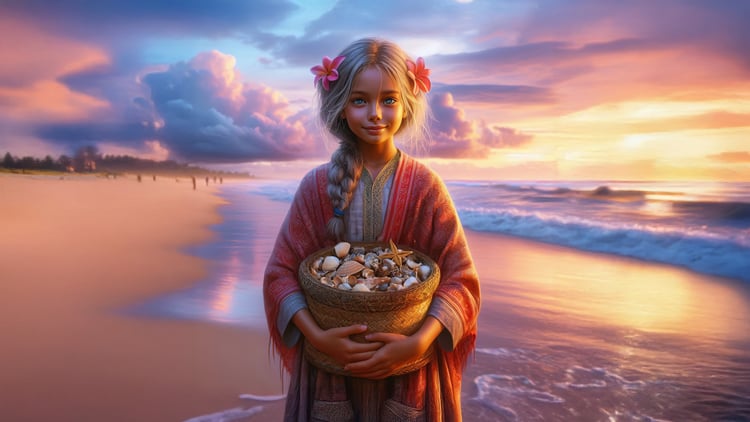 Wall Art: An enchanting AI-generated painting of a young girl walking along the beach with a basket full of seashells.