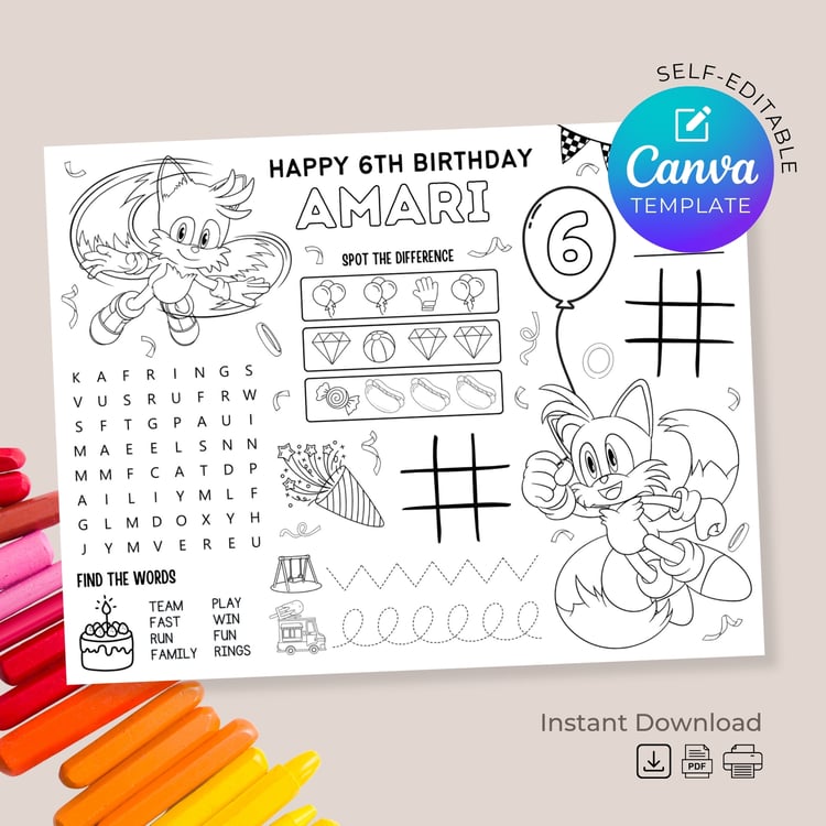 Tails Hedgehog Birthday Placemat Activity Page