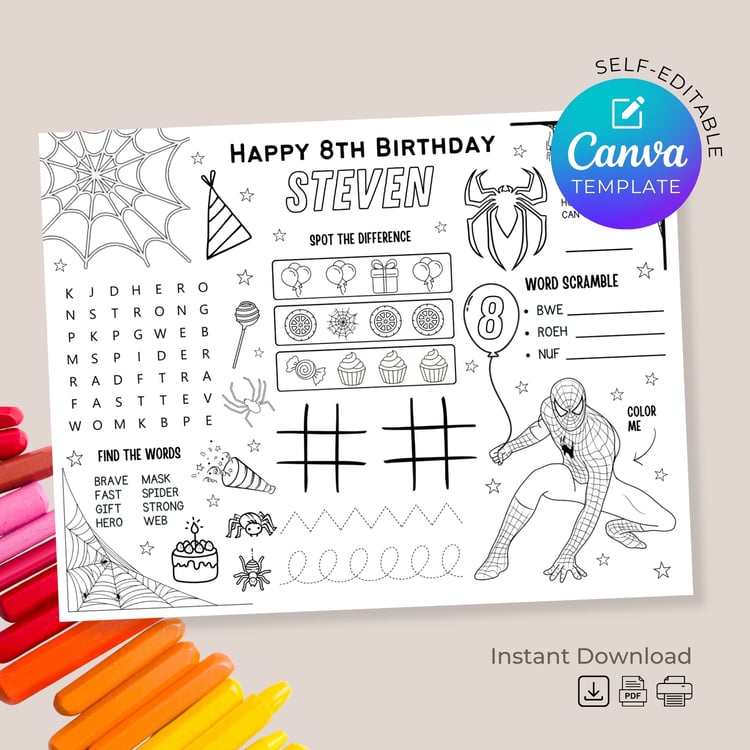 Spiderman Birthday Placemat Activity Page