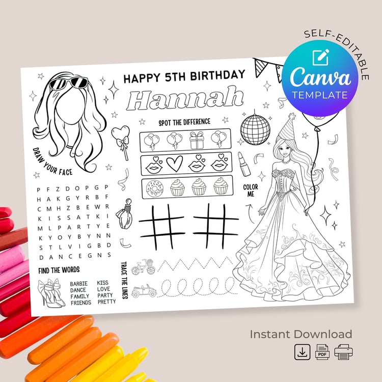 Barbie Doll Birthday Placemat Activity Page
