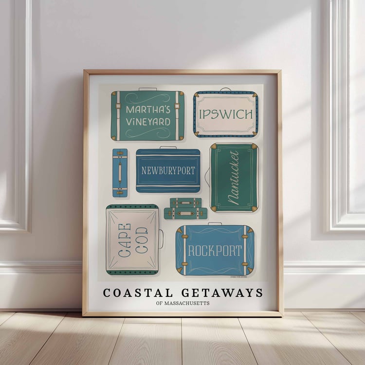 A framed picture of different types of suitcases