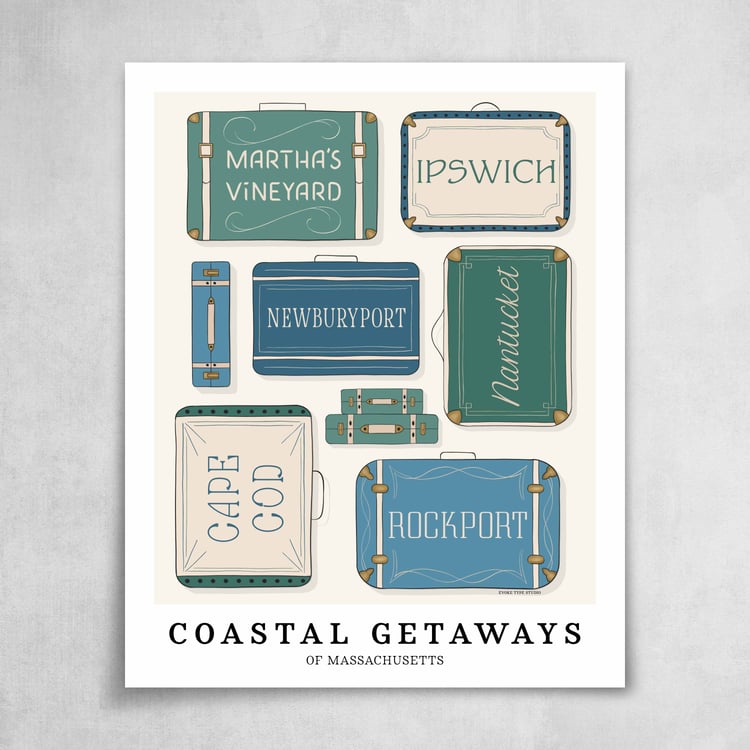 A collection of green, blue and beige suitcases featuring 6 coastal getaways in Massachusetts