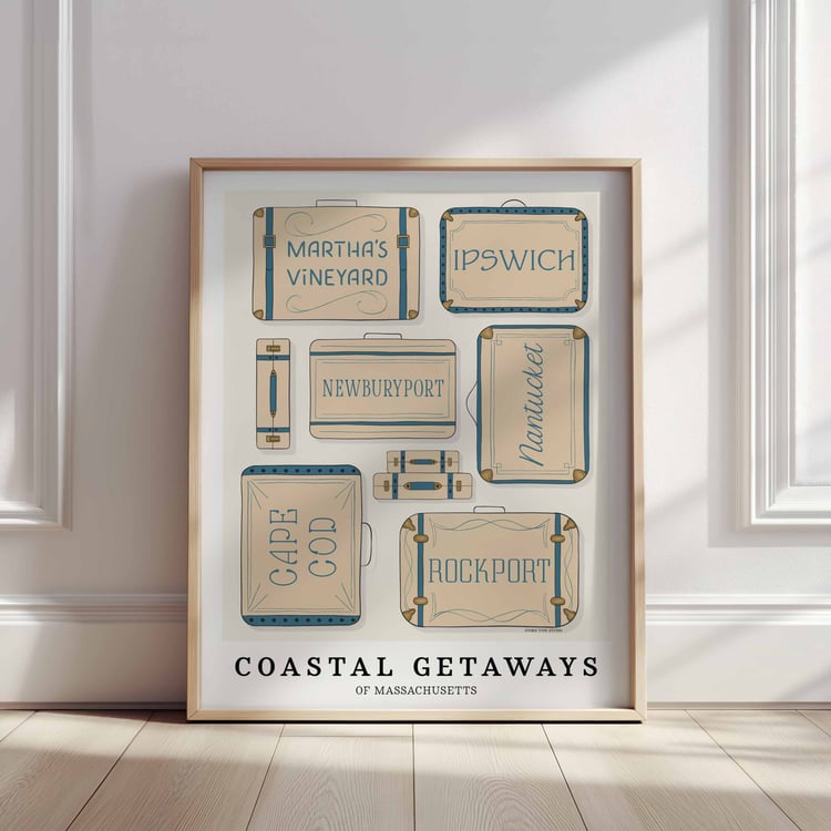 A framed picture of different types of suitcases