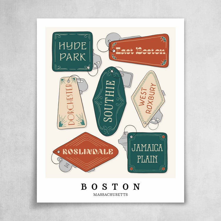 A collection of green, orange and tan key fobs featuring 7 neighborhoods in Boston, Massachusetts