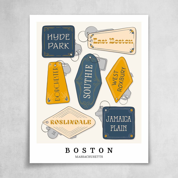 A collection of blue and yellow key fobs featuring 7 neighborhoods in Boston, Massachusetts