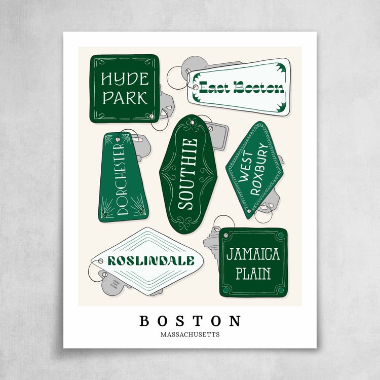A collection of green and white key fobs featuring 7 neighborhoods in Boston, Massachusetts