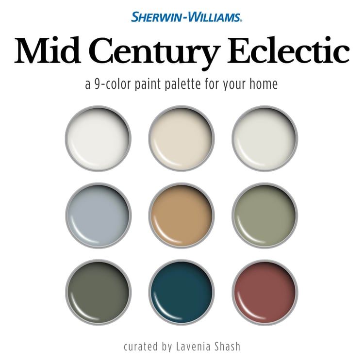 Sherwin Williams Mid Century Eclectic Color Palette For Whole House Interior. Paint Scheme With Jewel Tones For Maximalist and Boho Home Deco.