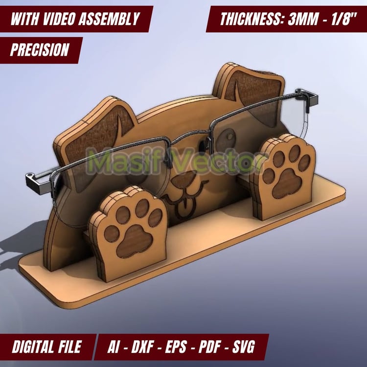 Get our adorable Dog Shaped Wooden Eyeglass Holder laser cut files, perfect for DIY and craft lovers. Easy to assemble with a video guide. Download SVG, DXF, AI, EPS, and PDF files for custom decor or gift ideas.