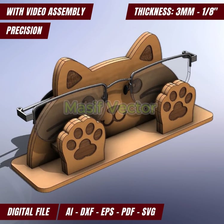 A charming glasses organizer shaped like a cat, boasting glasses perched on its nose. The laser cut files holder features adorable cat ears and paw designs. AI, DXF, EPS, PDF, and SVG for home decor.