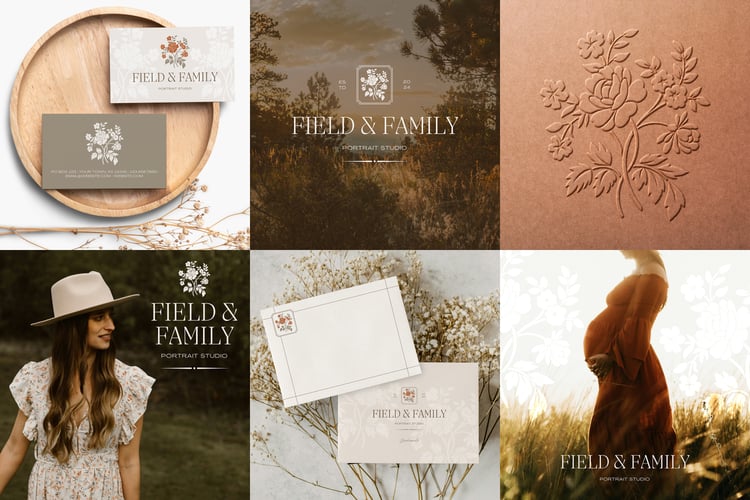 logo design featuring hand drawn, vintage-inspired floral bouquet illustration and says Field & Family Portrait Studio