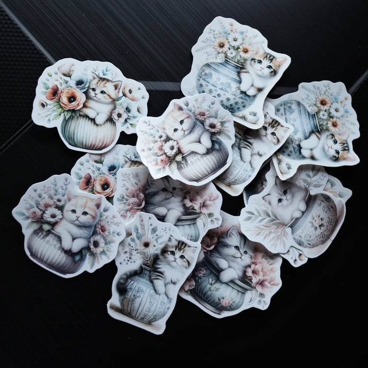 cat in a pot with floral stickers