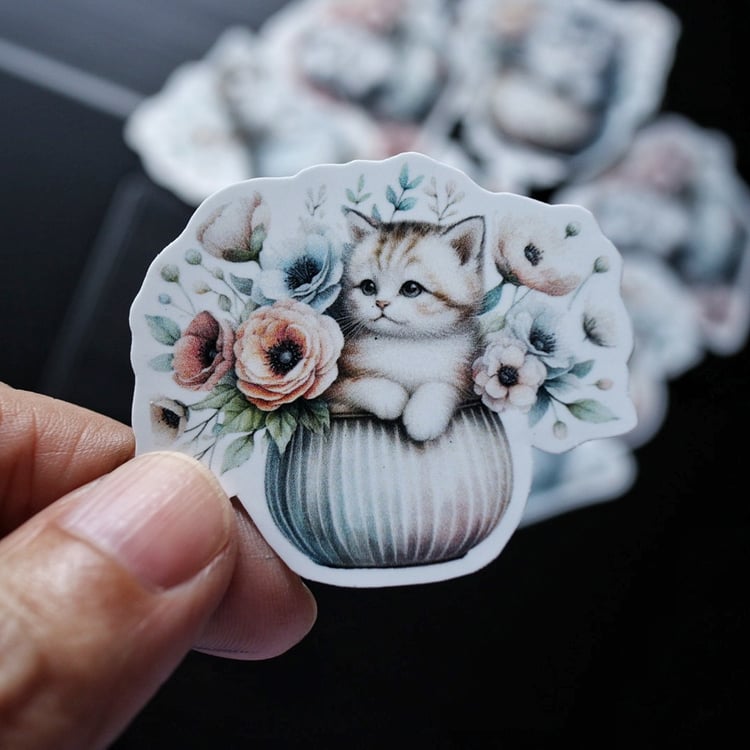 cat in a pot with florals element