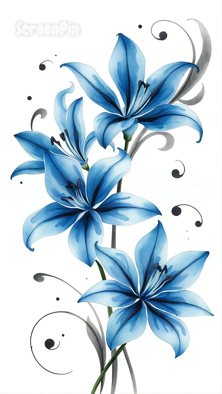 Delicate watercolor floral design with blue lilies and graceful black ink swirls on white background