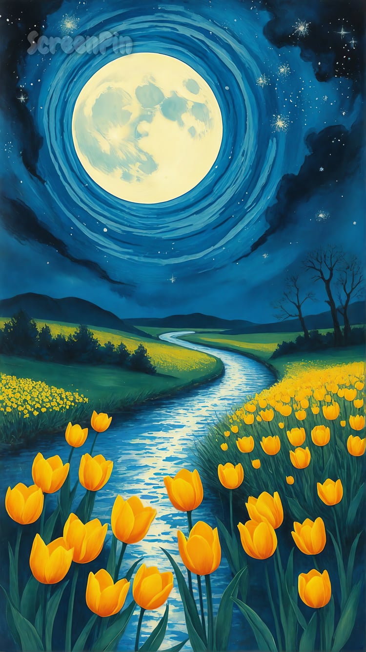 Surreal night landscape with glowing moon, starry sky, yellow tulip fields, and shimmering river in Van Gogh-inspired fantasy oil painting style