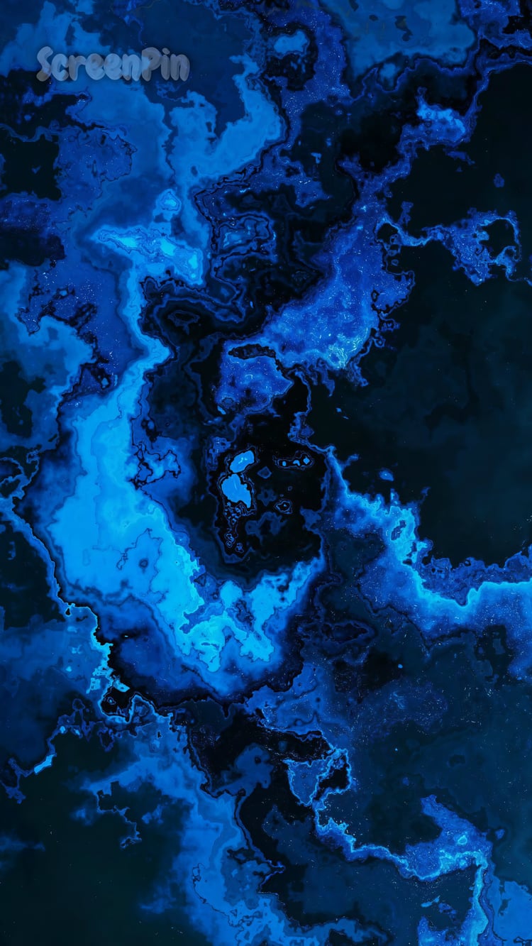 Abstract fluid painting with glowing blue and cyan waves on a dark swirling background, resembling a cosmic nebula
