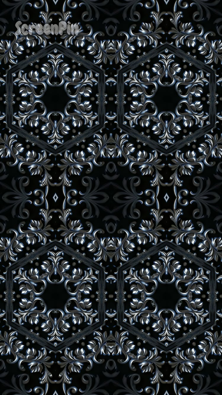 Seamless 3D ornamental floral relief in silver on a black background with elegant embossed texture