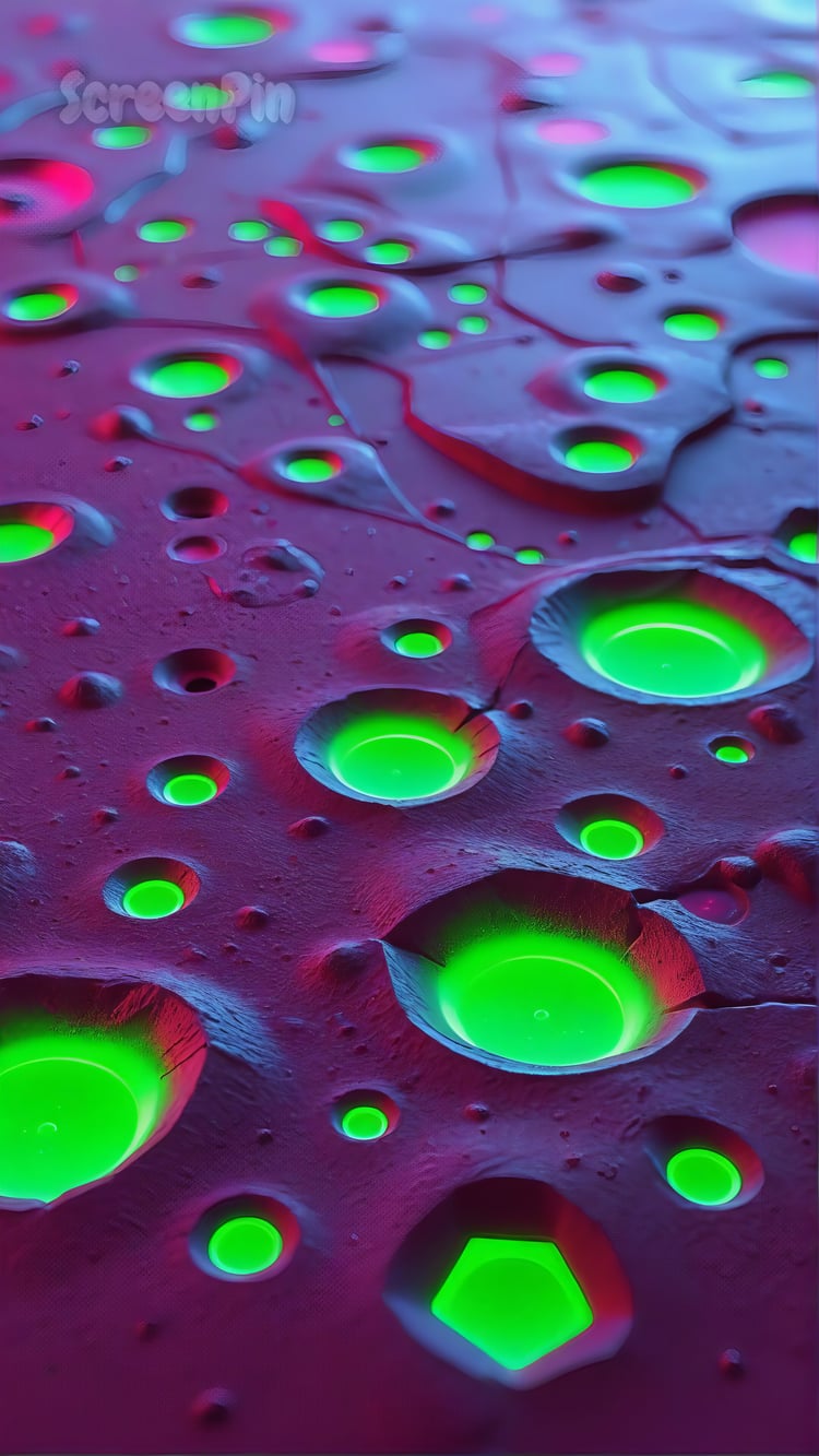 Surreal futuristic surface with glowing neon green craters on abstract terrain