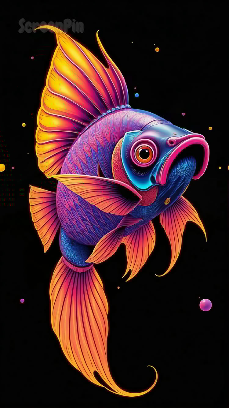 Fantasy artwork of a magic fish in purple and orange tones on a black background