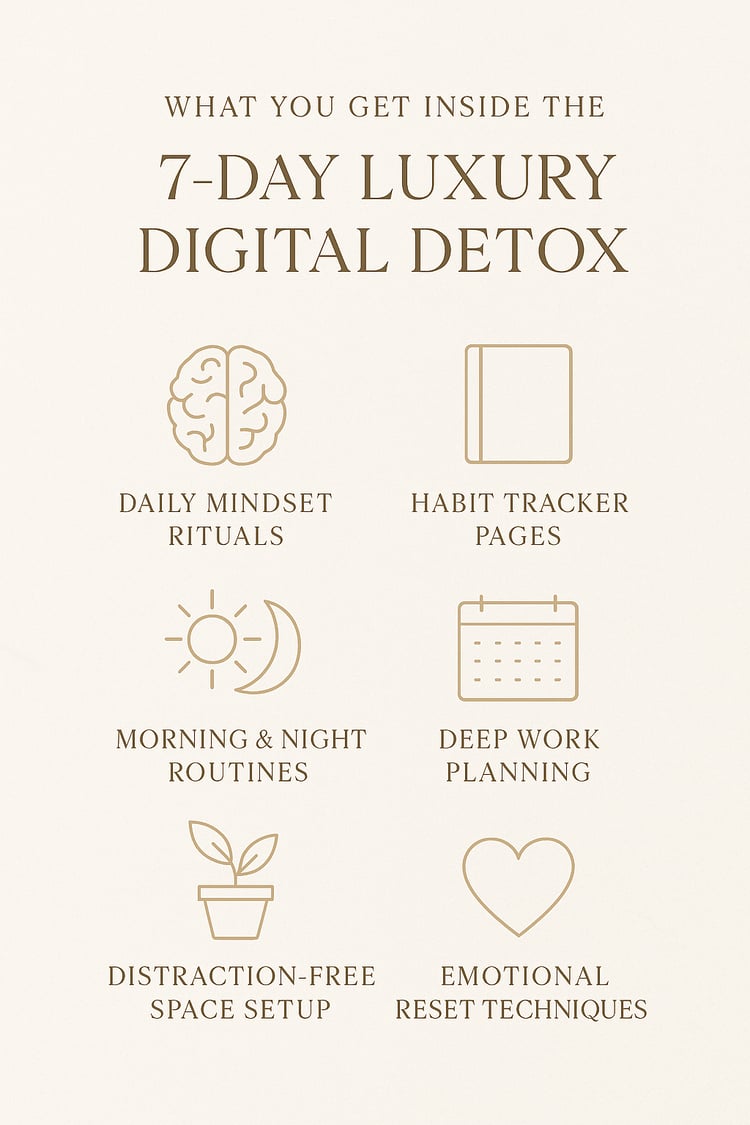 Infographic summarizing the key features and benefits of the 7-Day Luxury Digital Detox Guide for Founders and Creators