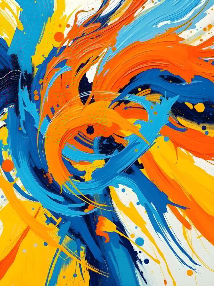 Abstract painting featuring sweeping strokes of bright orange, yellow, and various blues, intersecting in a dynamic, swirling composition on a white background.