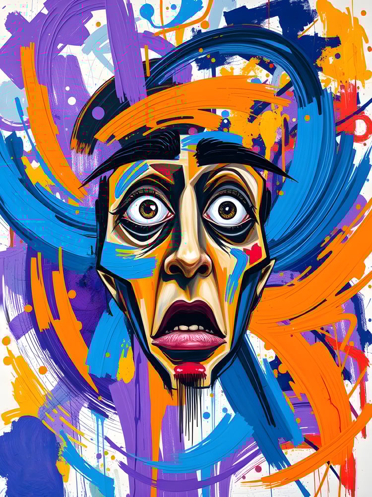 A digital abstract painting titled "Overwhelmed" featuring a surreal, emotional face in vivid colors with expressive brushstrokes of blue, orange, purple, and red representing chaos and inner turmoil.