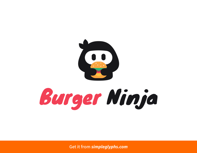 A cute ninja holding a burger logo in vector illustration style. Design by Simple Glyphs.