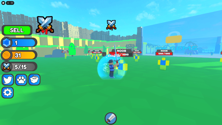 Player fighting a group of NPCs with a glowing sword in a medieval field.