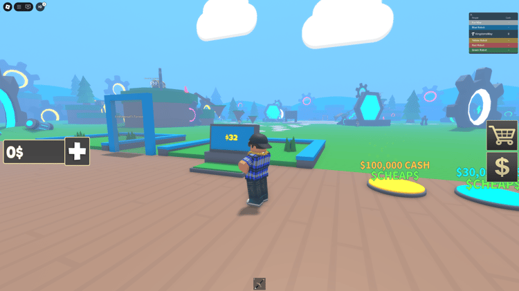 Colorful tycoon base layout with robot assembly lines and money collectors.