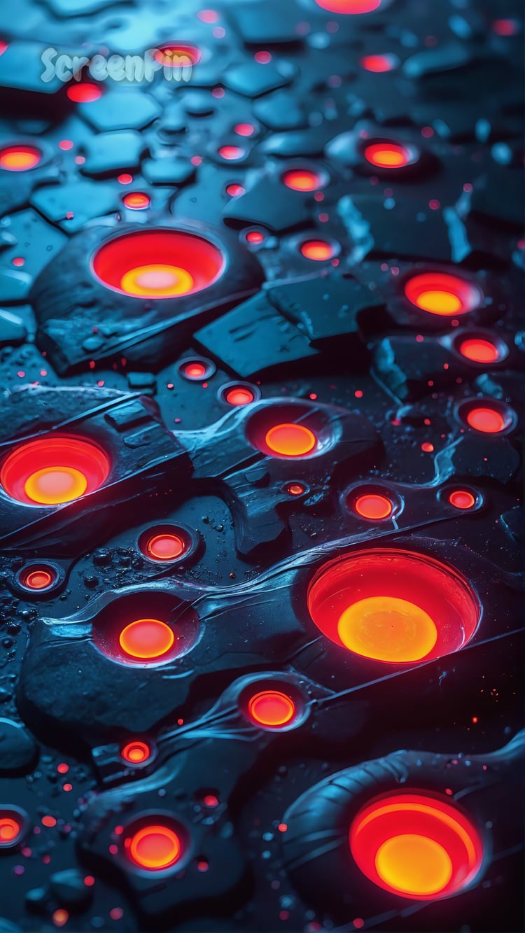 Abstract futuristic landscape with glowing orange craters on a black surface