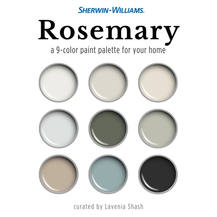 Sherwin Williams Rosemary color palette. Paint scheme for walls, cabinet and front door with coordinating and complementary colors of dark green, whites, warm gray, griege, blue, beige and black for the whole house. Curated by Lavenia Shash