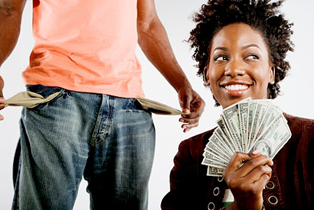 woman taking money from man