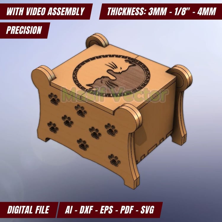 A wooden gift box featuring kitties cat design on top. Perfect for laser cut files, keep your precious wedding jewelry organized. Digital File AI, DXF, EPS, PDF, SVG.