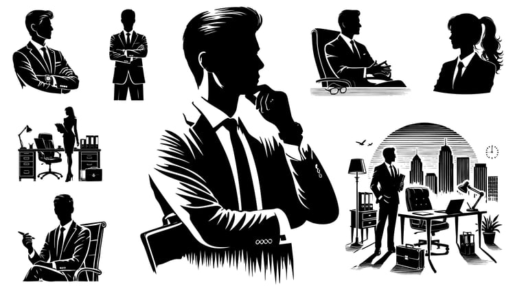 A professional set of 8 AI-generated silhouette illustrations depicting office executives in various poses and work-related activities