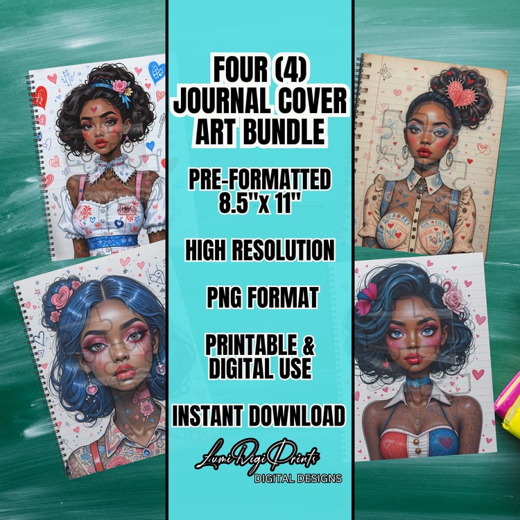 Printable journal cover bundle featuring four Afrocentric illustrations of Black women with pen-and-ink doodle accents. Each 8.5x11 PNG design showcases bold colors, expressive faces, and a hand-drawn notebook style perfect for planners or gifts.