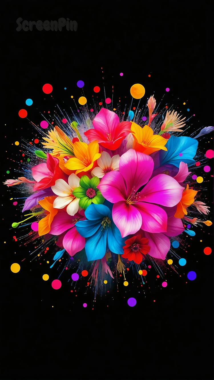 Digital artwork of a colorful flower explosion on a black background with vibrant abstract energy