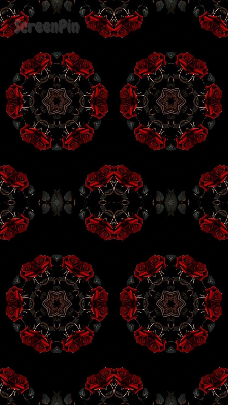 Seamless digital pattern with red roses and metallic elements on a black background